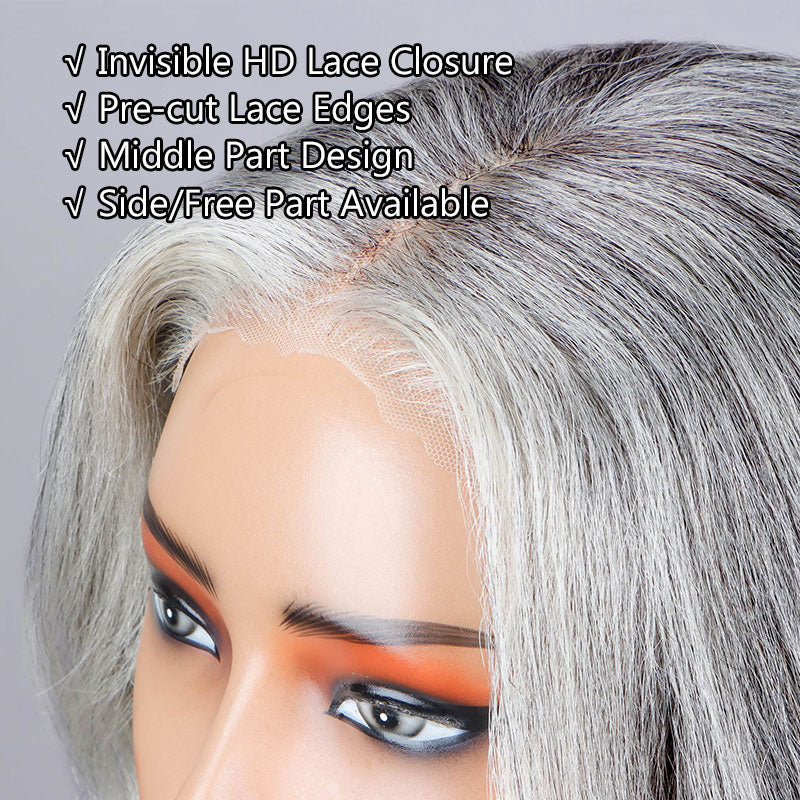 Soul Lady Silver Chic Gray Wig Natural Wavy Human Hair Salt & Pepper Color 5x5 HD Lace Wigs For Women-lace part show