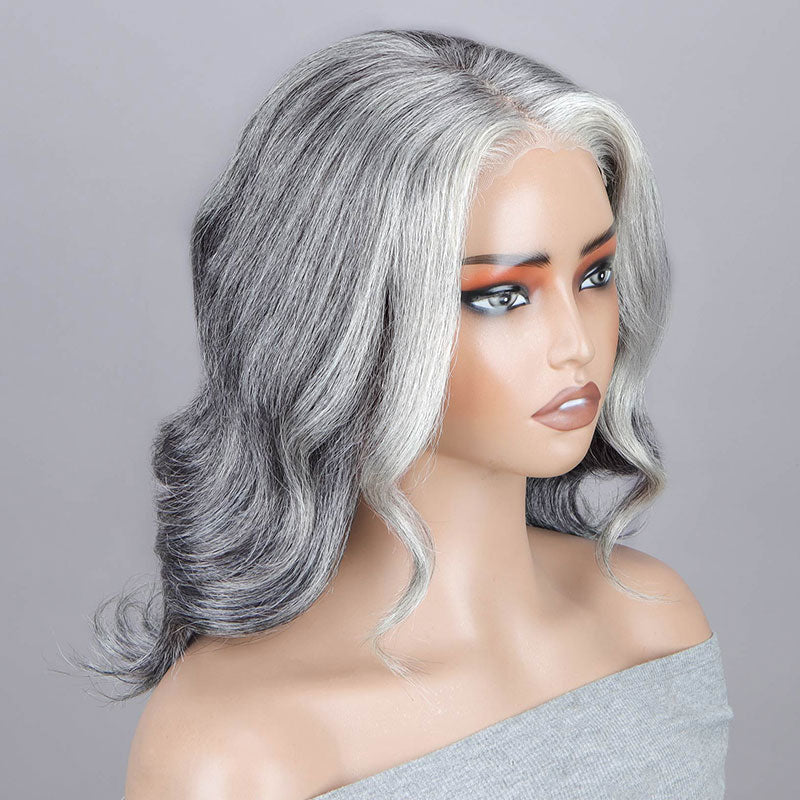 Silver Gray Natural Wavy Human Hair Wig for Seniors Salt and