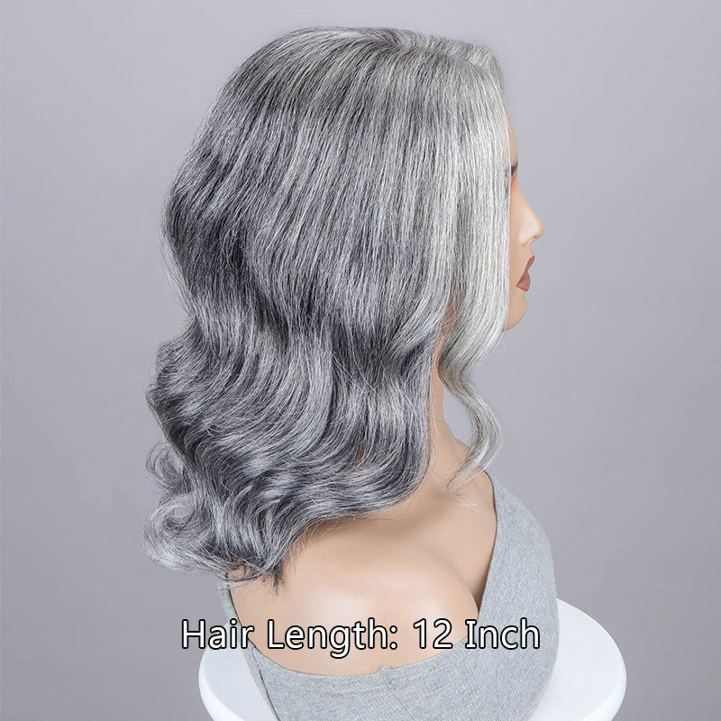 Soul Lady Silver Chic Gray Wig Natural Wavy Human Hair Salt & Pepper Color 5x5 HD Lace Wigs For Women-side show