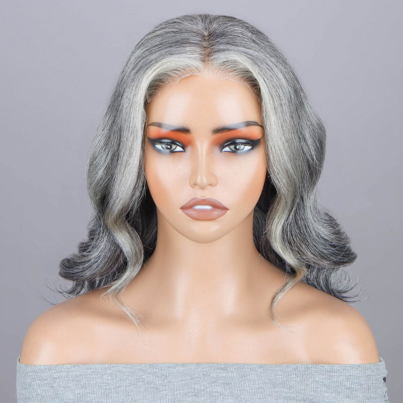 Soul Lady Silver Chic Gray Wig Natural Wavy Human Hair Salt & Pepper Color 5x5 HD Lace Wigs For Women over 50