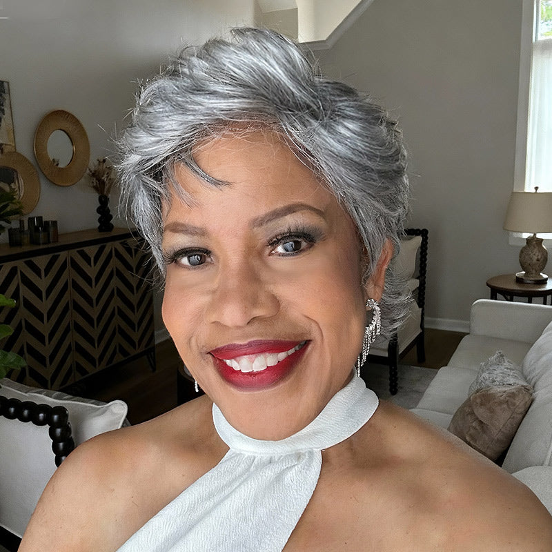 Soul Lady Wigs| Classy Woman Over 50 Rocking Salt and Pepper Retro Pixie Wig – Natural and Flowy Finish-model life with al and chelle