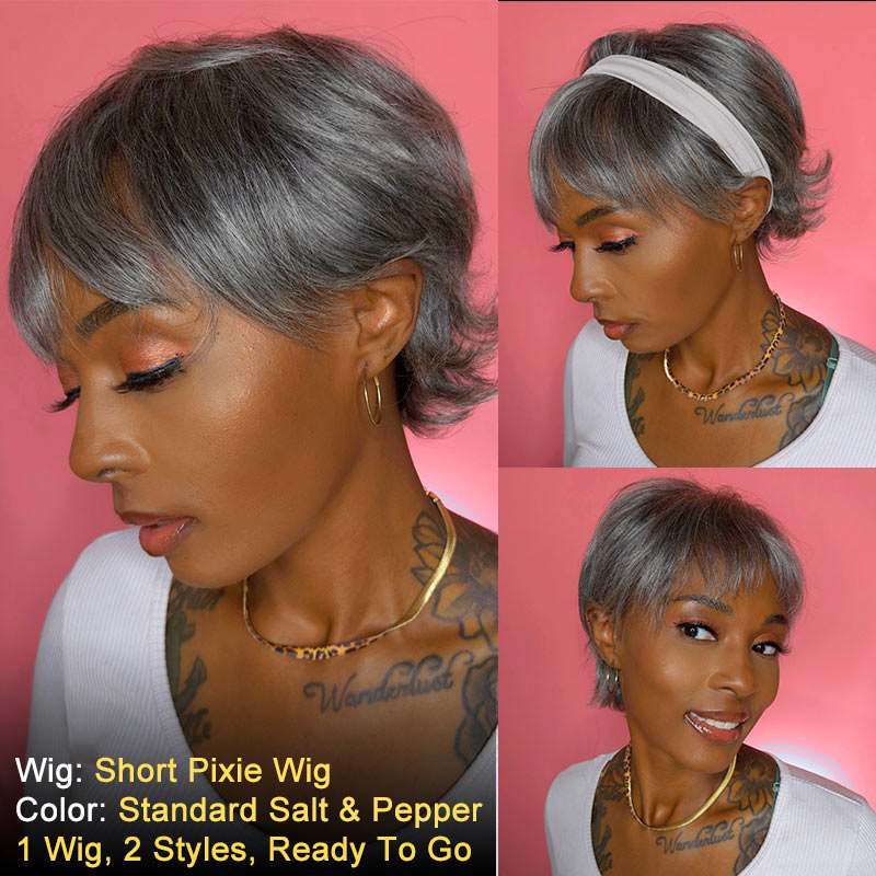 Soul lady gray wigs Summer Trend | Salt & Pepper Short Pixie Cut Glueless Human Hair Gray Wig With Retro Flip Ends for mature women