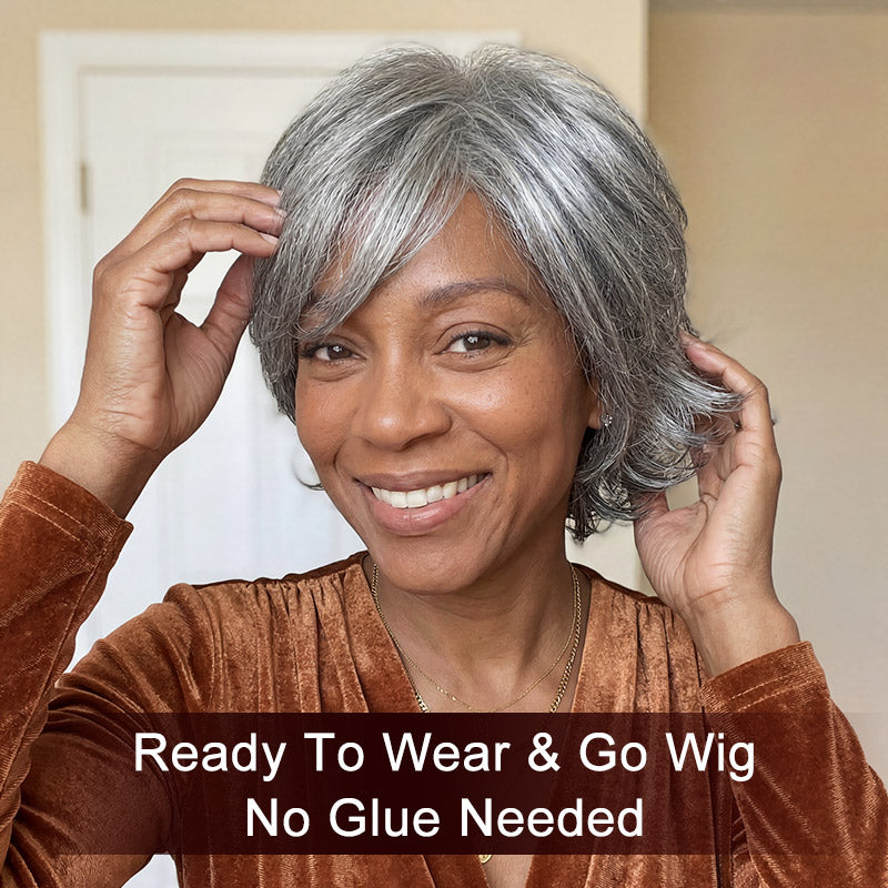 Real human hair gray wig in standard salt and pepper color, short straight pixie cut with retro flip ends, natural-looking senior women’s wig by Soul Lady Wigs Side show