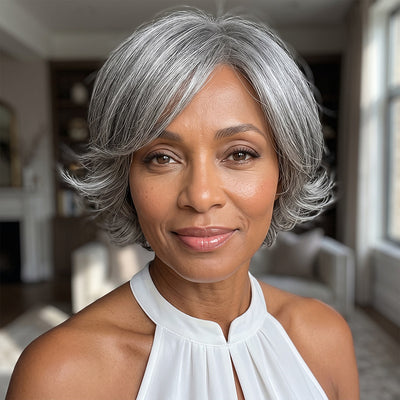 Real human hair gray wig in standard salt and pepper color for black women over 50, short straight pixie cut with retro flip ends, natural-looking senior women’s wig by Soul Lady Wigs