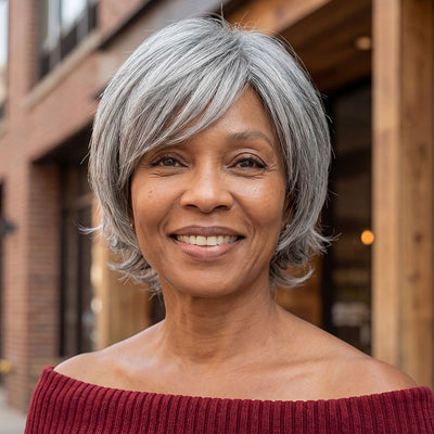 Real human hair gray wig in standard salt and pepper color, short straight pixie cut with retro flip ends, natural-looking senior women’s wig by Soul Lady Wigs