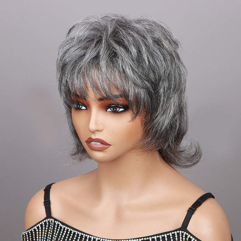 Soul Lady Silver Chic Gray Shaggy Mullet Hairstyle Salt & Pepper No-Lace Human Hair Wigs for Women