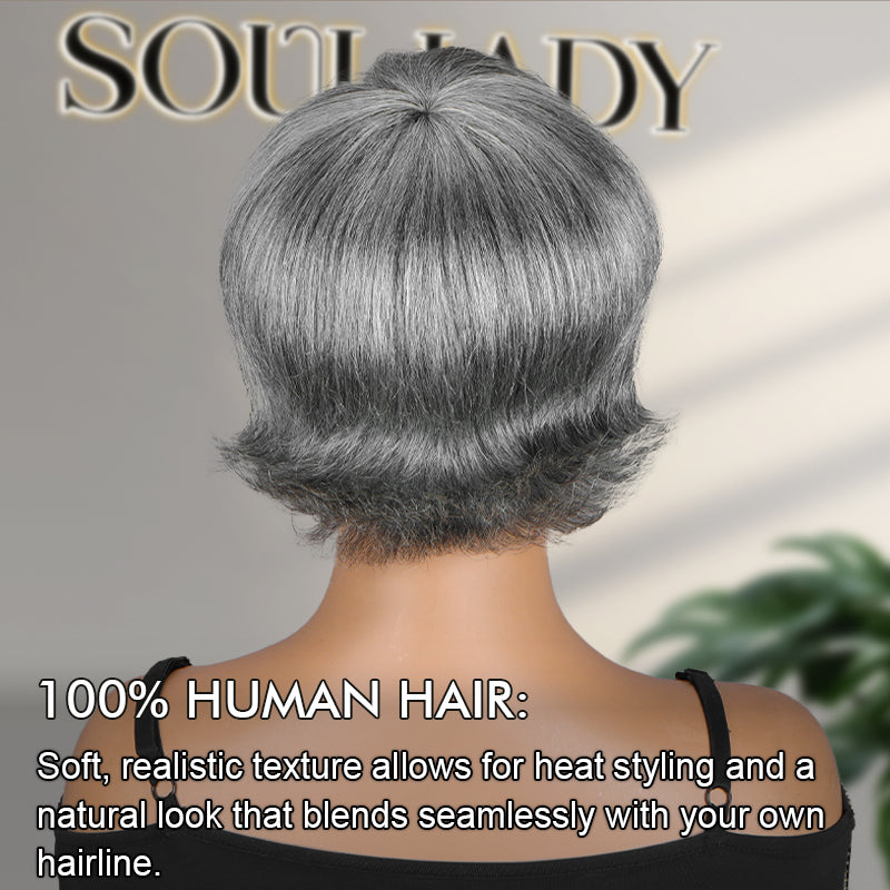 Summer Trend | Salt & Pepper Short Pixie Cut Glueless Human Hair Gray Wig With Retro Flip Ends-back show