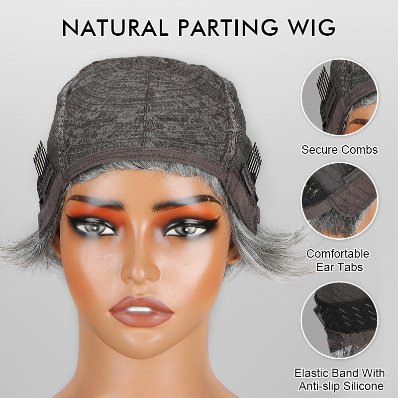 Summer Trend | Salt & Pepper Short Pixie Cut Glueless Human Hair Gray Wig With Retro Flip Ends