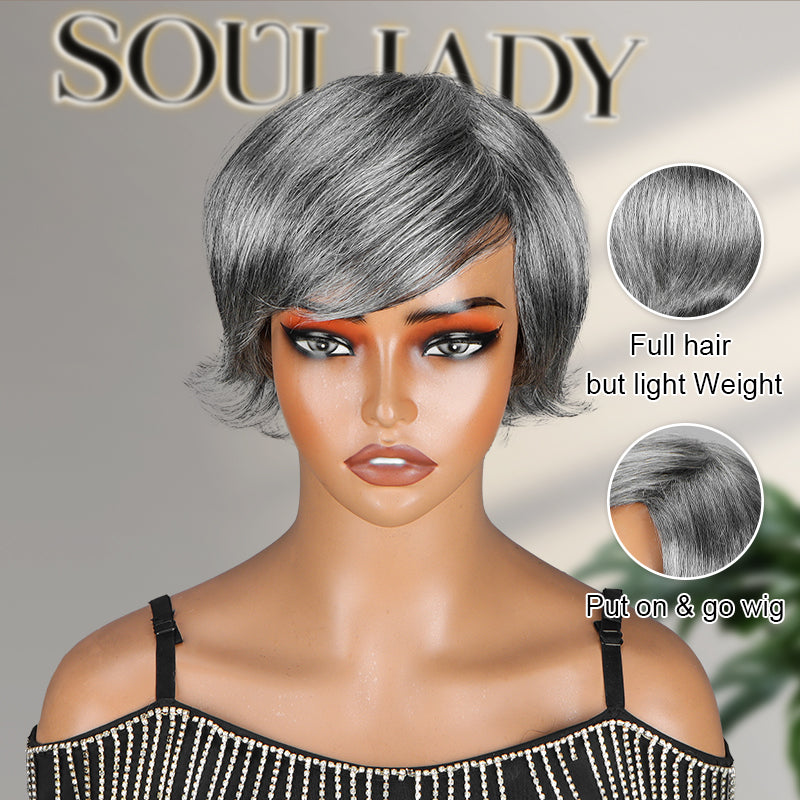Summer Trend | Salt & Pepper Short Pixie Cut Glueless Human Hair Gray Wig With Retro Flip Ends-front show-front display