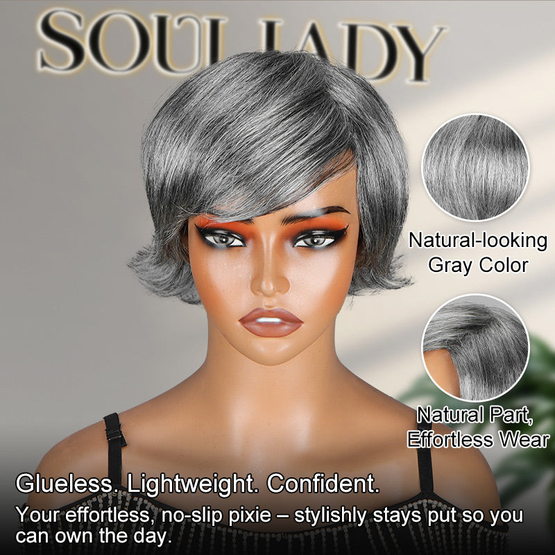 Soul Lady Summer Trend | Salt & Pepper Short Pixie Cut Glueless Human Hair Gray Wig With Retro Flip Ends-front show