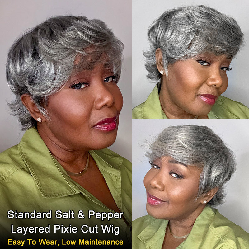 Zella | Salt & Pepper Short Pixie Cut Glueless Human Hair Gray Wig With Retro Flip Ends