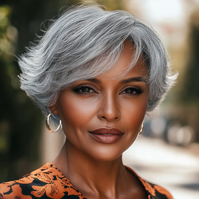 Soul lady wigs Summer Trend | Salt & Pepper Short Pixie Cut Glueless Human Hair Gray Wig With Retro Flip Ends-model-pure