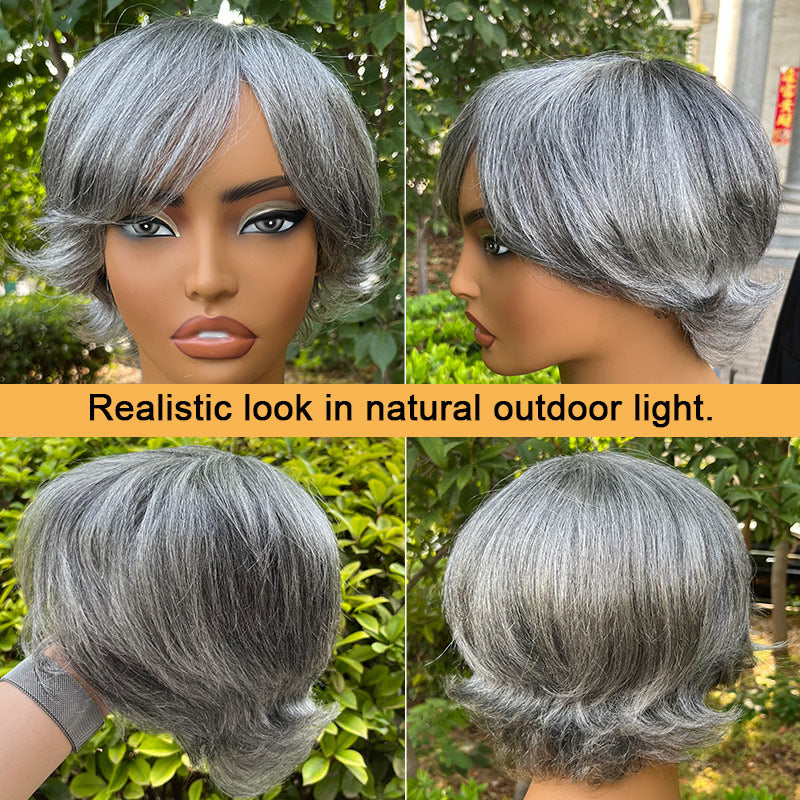 Summer Trend | Salt & Pepper Short Pixie Cut Glueless Human Hair Gray Wig With Retro Flip Ends - soul lady wigs -realistic look in natural outdoor light