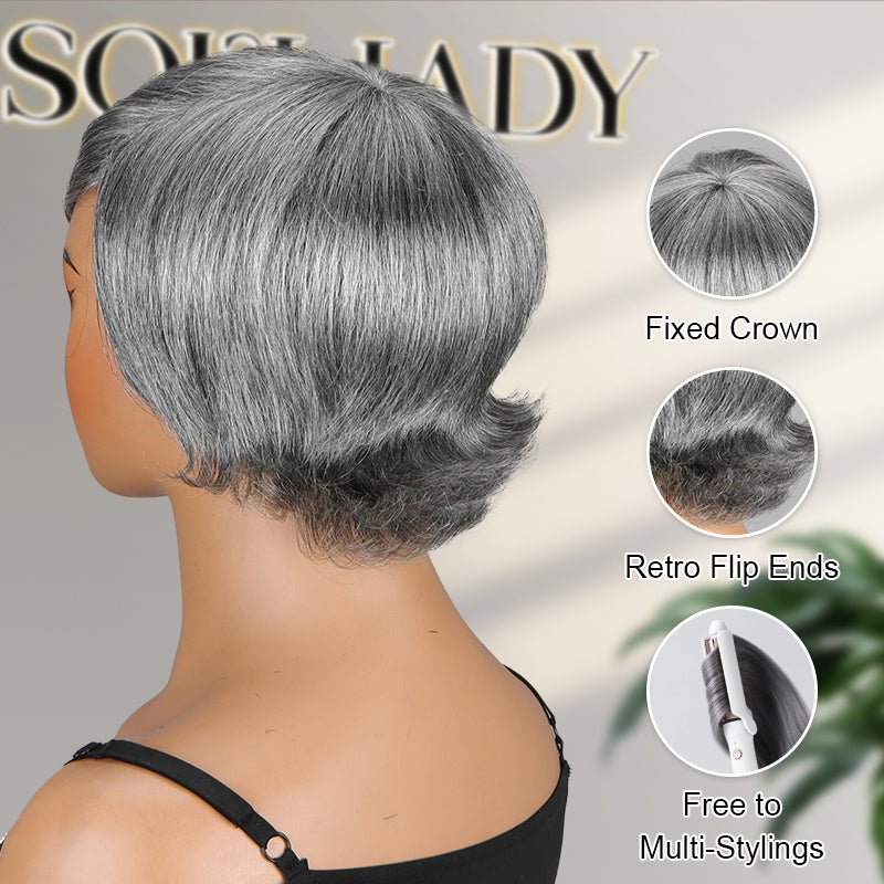 Summer Trend | Salt & Pepper Short Pixie Cut Glueless Human Hair Gray Wig With Retro Flip Ends-back show