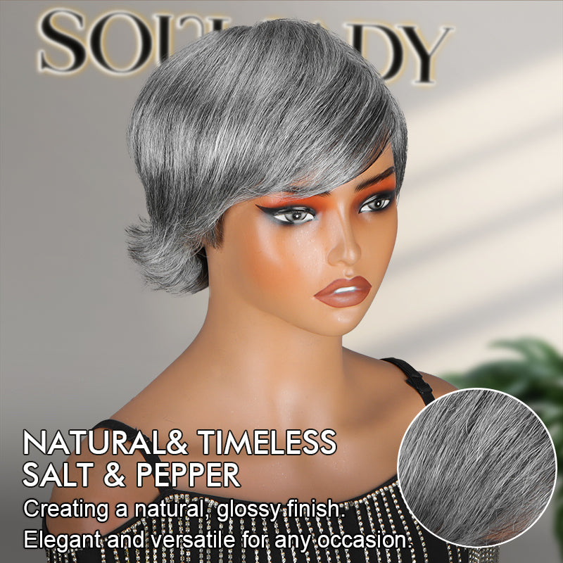 Soul Lady Summer Trend | Salt & Pepper Short Pixie Cut Glueless Human Hair Gray Wig With Retro Flip Ends-side-front show