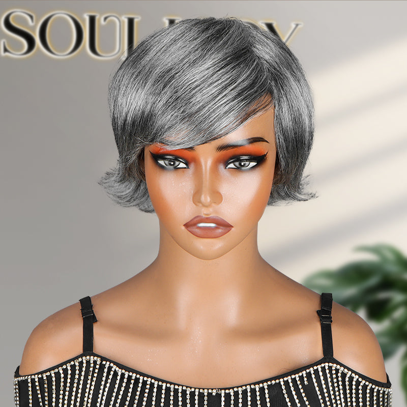 Summer Trend | Salt & Pepper Short Pixie Cut Glueless Human Hair Gray Wig With Retro Flip Ends-front show