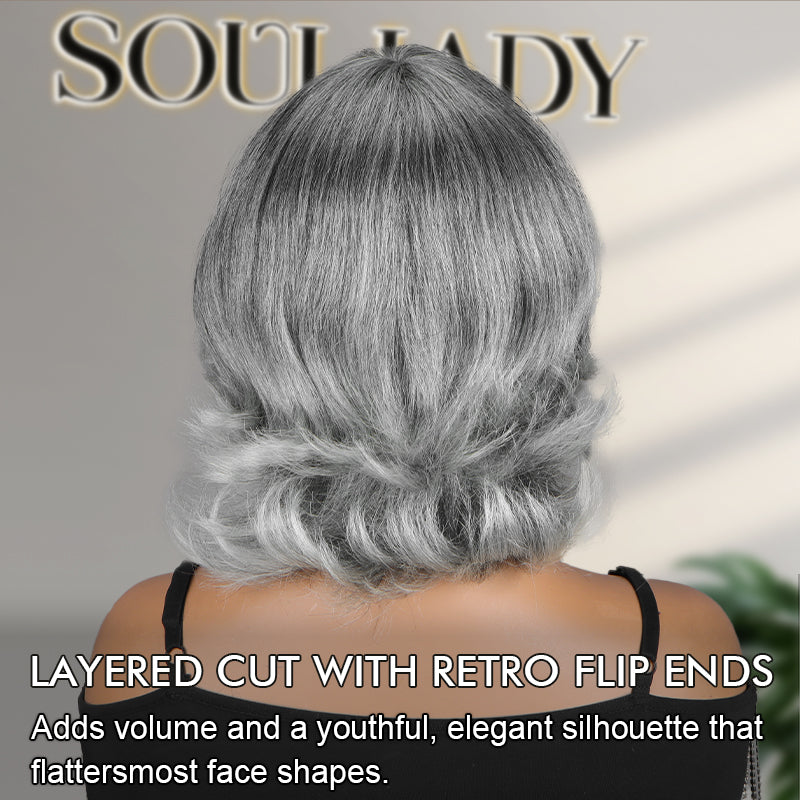 Soul Lady Wigs Trendy Salt And Pepper Gray Human Hair Wig – Retro Flip Layered Cut, Glueless, Natural Look Straight Wig for Women- flip ends