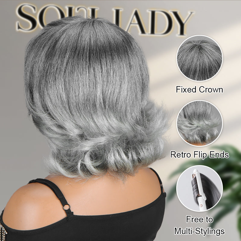 Soul Lady Wigs Trendy Salt And Pepper Gray Human Hair Wig – Retro Flip Layered Cut, Glueless, Natural Look Straight Wig for Women- Lightweight and breathable for all-day comfort.