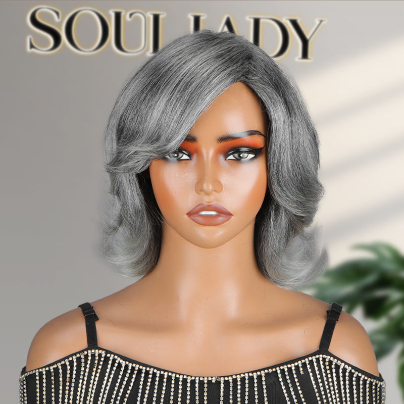 Soul Lady Wigs Trendy Salt And Pepper Gray Human Hair Wig – Retro Flip Layered Cut, Glueless, Natural Look Straight Wig for Women