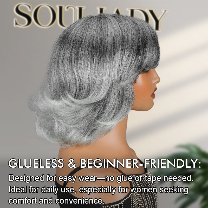 Soul Lady Wigs Trendy Salt And Pepper Gray Human Hair Wig – Retro Flip Layered Cut, Glueless, Natural Look Straight Wig for Women-layered cut wig
