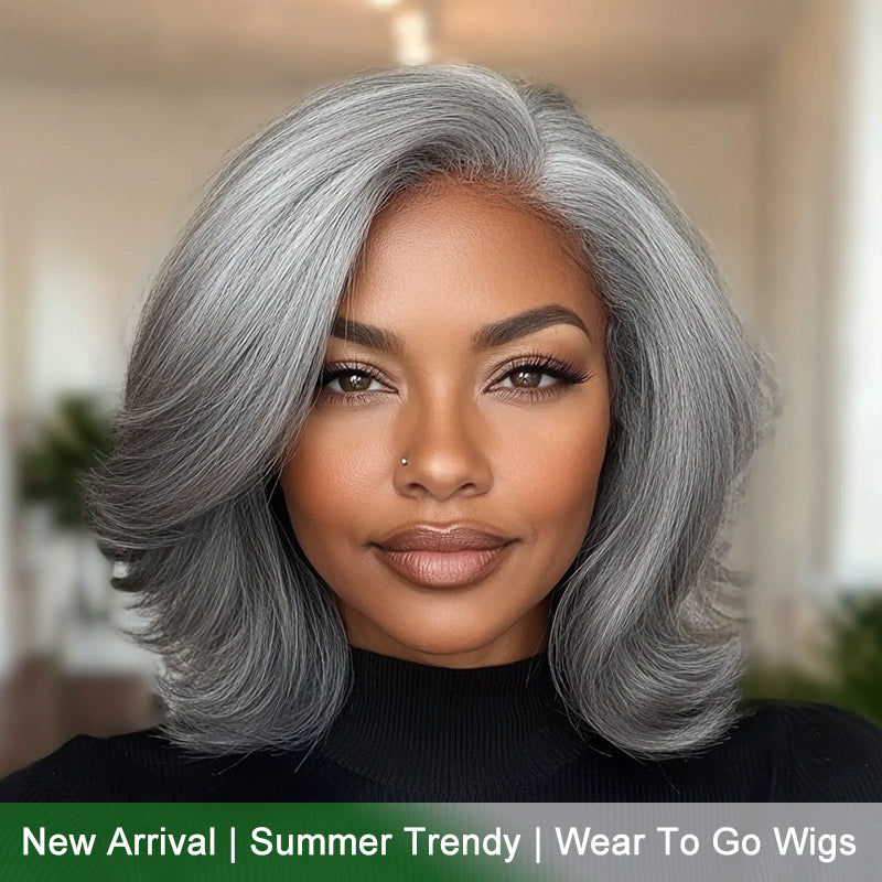 Soul Lady Summer Trendy Salt And Pepper Gray Human Hair Wig – Retro Flip Layered Cut, Glueless, Natural Look Straight Wig for Women-model