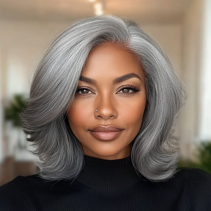 Soul Lady Summer Trendy Salt And Pepper Gray Human Hair Wig – Retro Flip Layered Cut, Glueless, Natural Look Straight Wig for Women-model-pure model