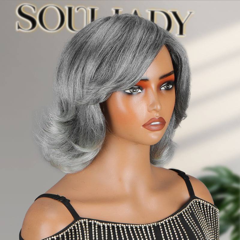 Soul Lady Summer Trendy Salt And Pepper Gray Human Hair Wig – Retro Flip Layered Cut, Glueless, Natural Look Straight Wig for Women
