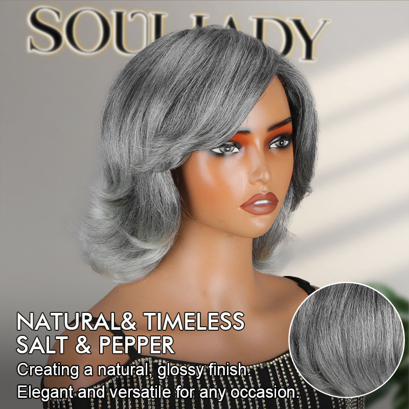 Soul Lady Wigs Trendy Salt And Pepper Gray Human Hair Wig – Retro Flip Layered Cut, Glueless, Natural Look Straight Wig for Women-side show