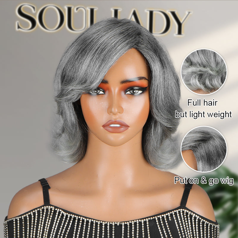 Soul Lady Wigs Trendy Salt And Pepper Gray Human Hair Wig – Retro Flip Layered Cut, Glueless, Natural Look Straight Wig for Women-Glueless & Beginner-Friendly: Designed for easy wear