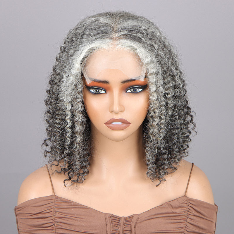 Dark Grey Wig For Seniors Salt And Pepper Color Kinky Curly Human Hair 5x5 HD Lace Bob Wigs