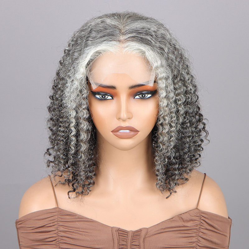 Grey Curly Human Hair Wig Salt and Pepper Kinky Curly 5x5 HD  display picture 1