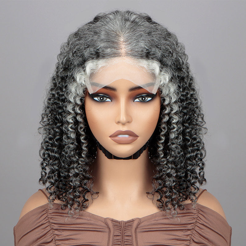 Soul Lady Dark Grey Wig For Seniors Salt And Pepper Color Kinky Curly Human Hair 5x5 HD Lace Bob Wigs