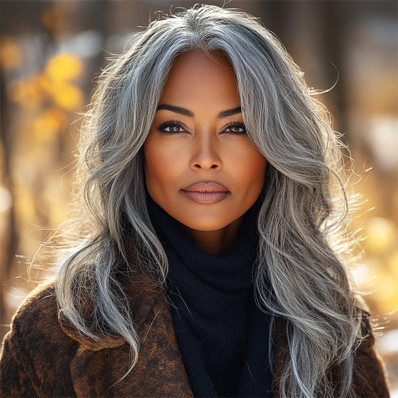 Soul Lady Silver Luxe Gray 13x4.5 HD Lace Full Frontal Wig Body Wave Human Hair Salt And Pepper Wig For Older Women-model