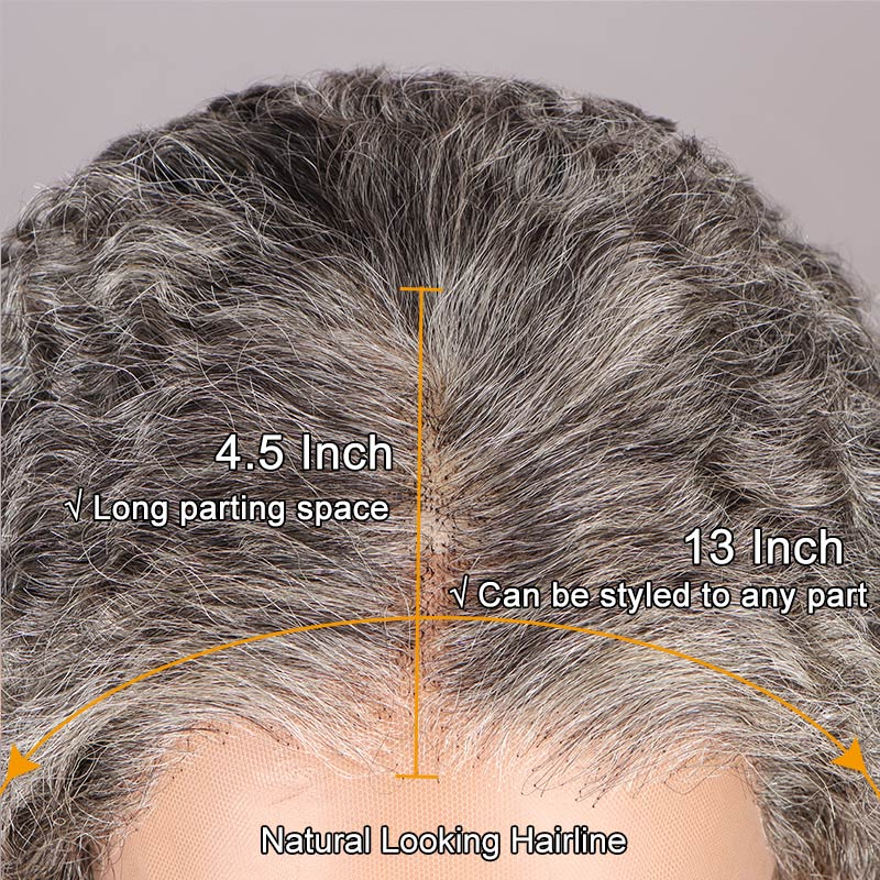 Graceful Silver Gray Wig For Seniors Standard Salt And Pepper Jerry Curly Human Hair Full Frontal 13x4.5 HD Lace Wig For women over 70-lace details