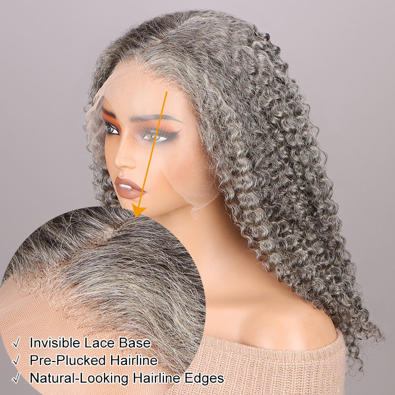 Graceful Silver Gray Wig For Seniors Standard Salt And Pepper Jerry Curly Human Hair Full Frontal 13x4.5 HD Lace Wig For women over 70-lace frontal show