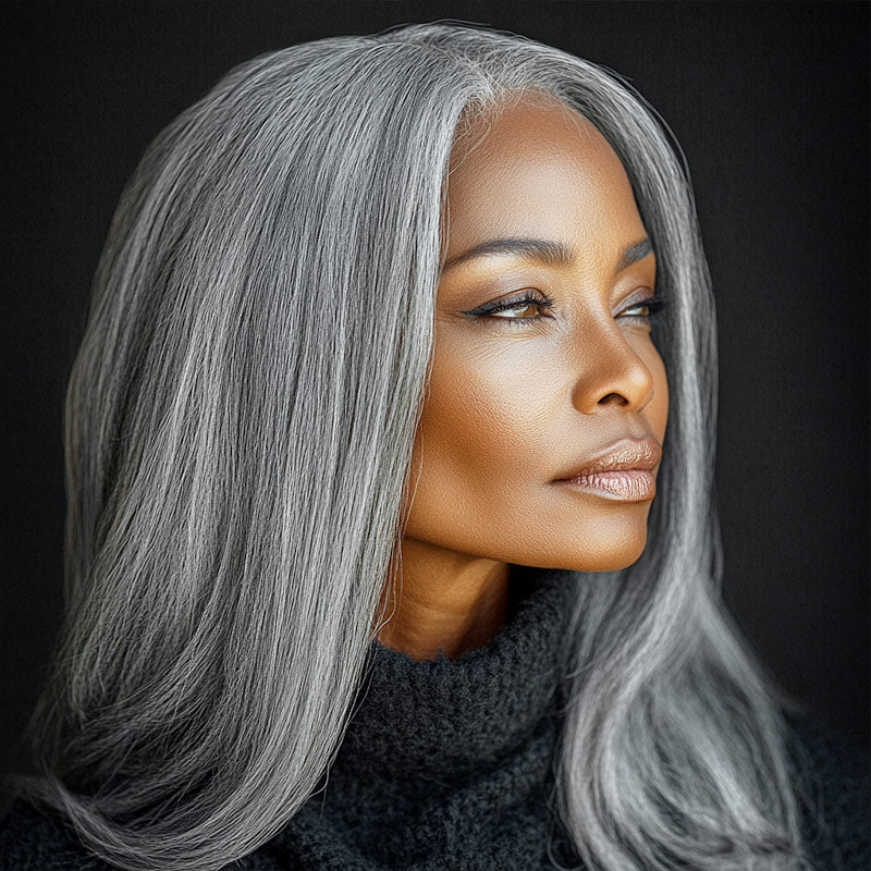 Soul Lady Silver Luxe Gray 13x4.5 HD Lace Full Frontal Wig Straight Human Hair Salt And Pepper Wig For Women over 40