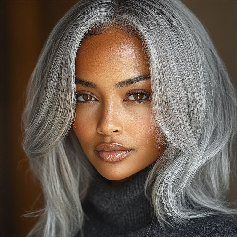 Soul Lady Seniors Classic Gray Full Frontal 13x4.5 HD Lace Wig Straight Human Hair Standard Salt And Pepper Wig