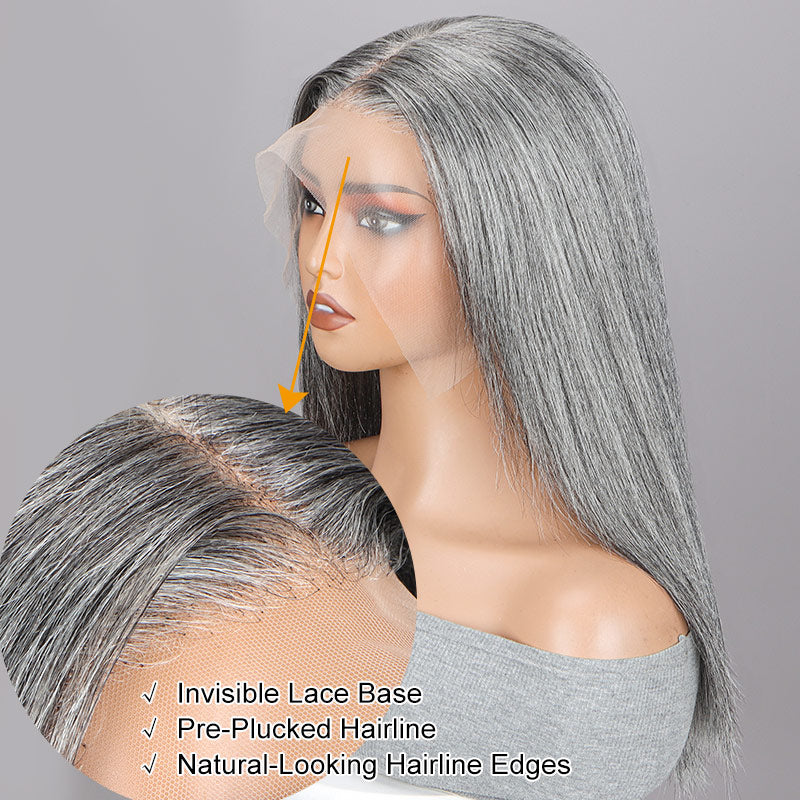 Soul Lady Seniors Classic Gray Wig Straight Human Hair Standard Salt And Pepper Full Frontal 13x4.5 HD Lace Wig For older women over 60-lace part show