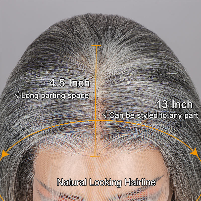 Soul Lady Seniors Classic Gray Wig Straight Human Hair Standard Salt And Pepper Full Frontal 13x4.5 HD Lace Wig For older women over 60-lace size