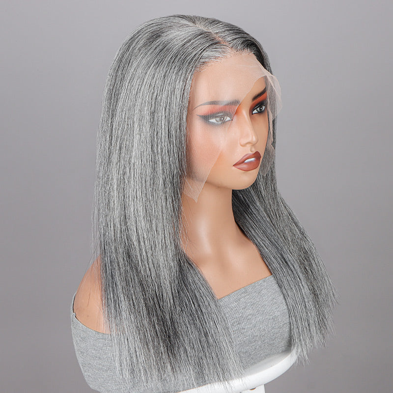 Soul Lady Seniors Classic Gray Wig Straight Human Hair Standard Salt And Pepper Full Frontal 13x4.5 HD Lace Wig For older women over 60-side show