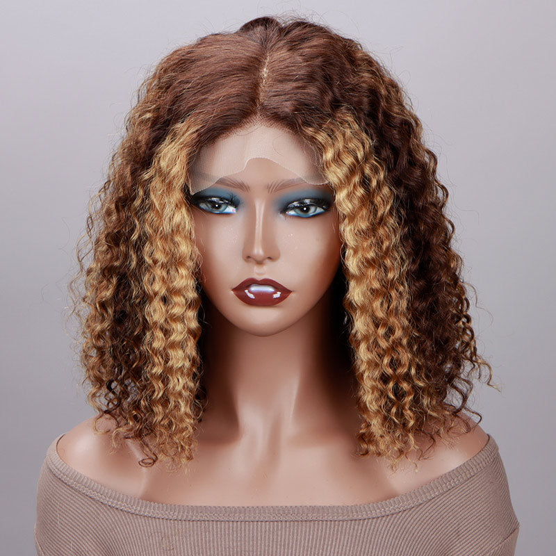Soul Lady Brown Hair With Honey Blonde Highlights Jerry Curly Bob 5x5 HD Lace Glueless Human Hair Wigs Middle Part