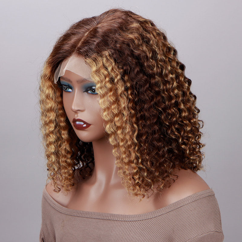Soul Lady Brown Hair With Honey Blonde Highlights Jerry Curly Bob 5x5 HD Lace Glueless Human Hair Wigs Middle Part-SIDE SHOW