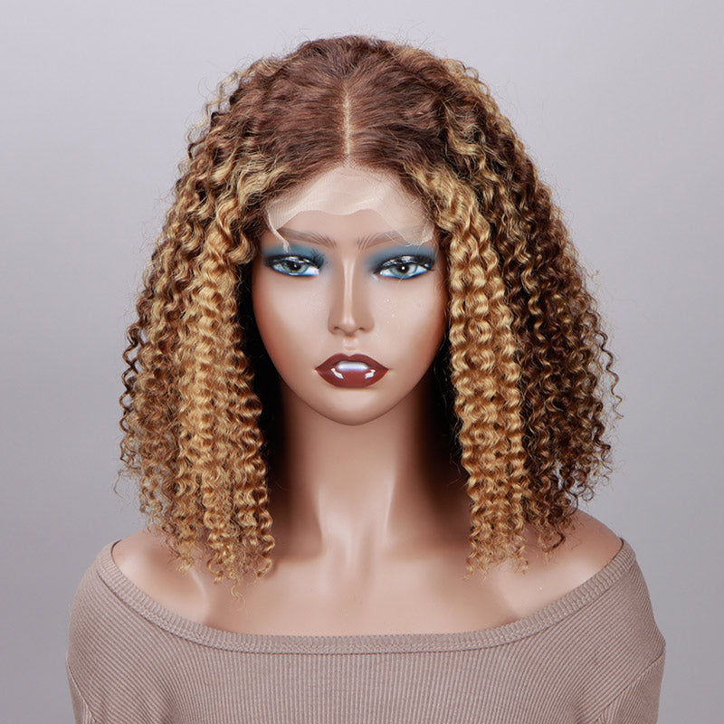 Honey Blonde Highlights Brown Kinky Curly Bob Wig 5x5 HD Lace Glueless Human Hair Wigs Middle Part show