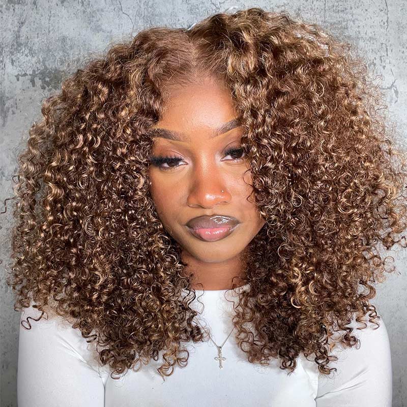 Honey Blonde Highlights Brown Kinky Curly Bob Wig 5x5 HD Lace Glueless Human Hair Wigs Middle Part-model