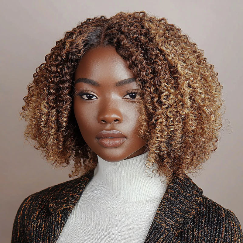 Soul Lady Honey Blonde Highlights Brown Kinky Curly Bob Wig 5x5 HD Lace Glueless Human Hair Wigs Middle Part new model show