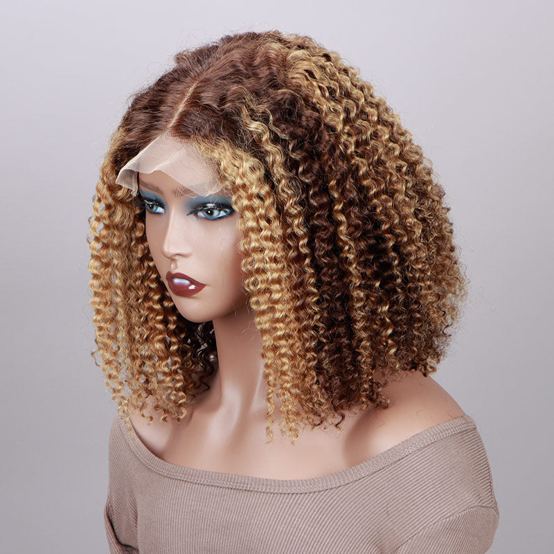 Honey Blonde Highlights Brown Kinky Curly Bob Wig 5x5 HD Lace Glueless Human Hair Wigs Middle Part-side show