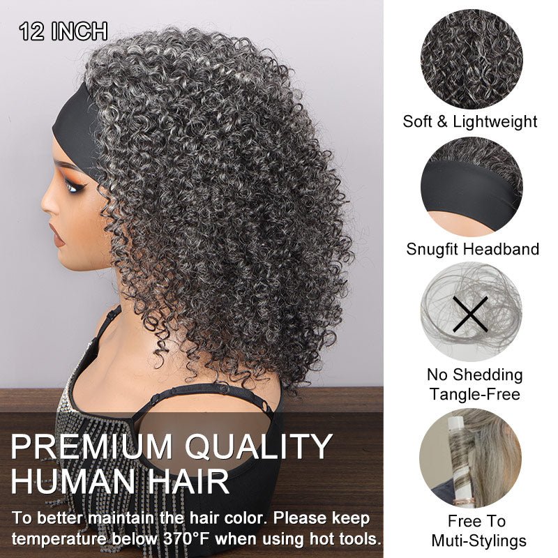 Soul lady gray wigs | Medium Salt & Pepper Kinky Curly Human Hair Headband Wig For older Women over 60 - glueless wig side view with details