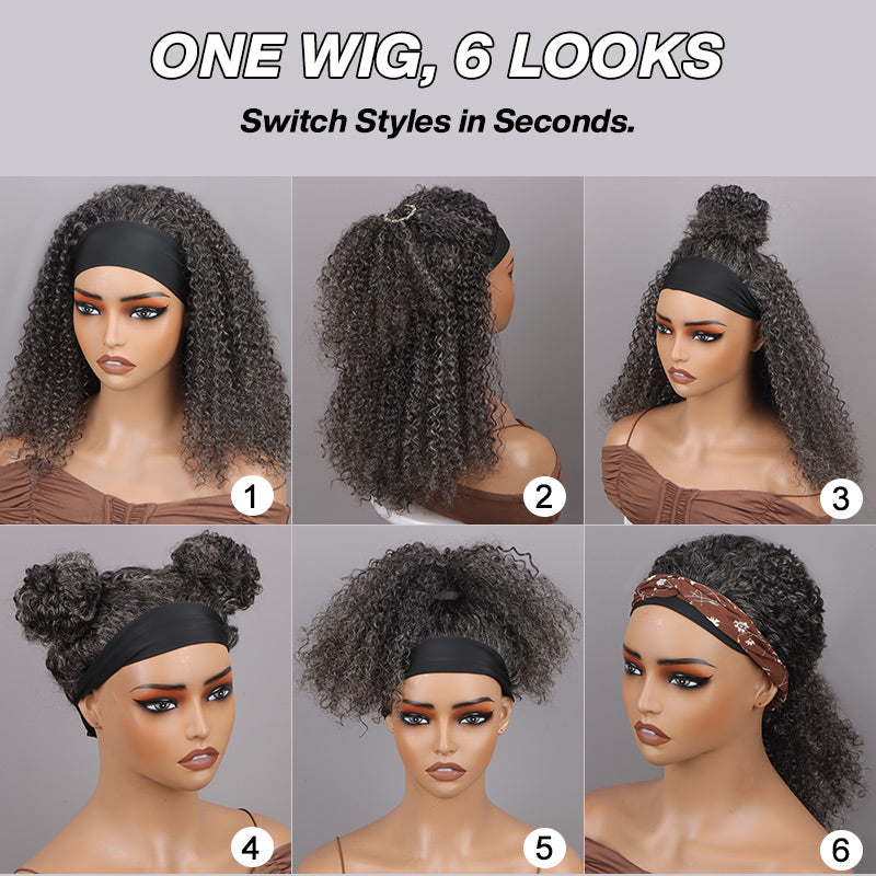 Soul lady gray wigs | Medium Salt & Pepper Kinky Curly Human Hair Headband Wig For older Women over 60 - glueless wig in Multiple Looks, Zero Fuss.