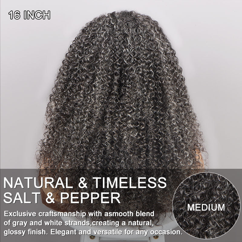 Soul lady gray wigs | Medium Salt & Pepper Kinky Curly Human Hair Headband Wig For older Women over 60 - glueless wig back view
