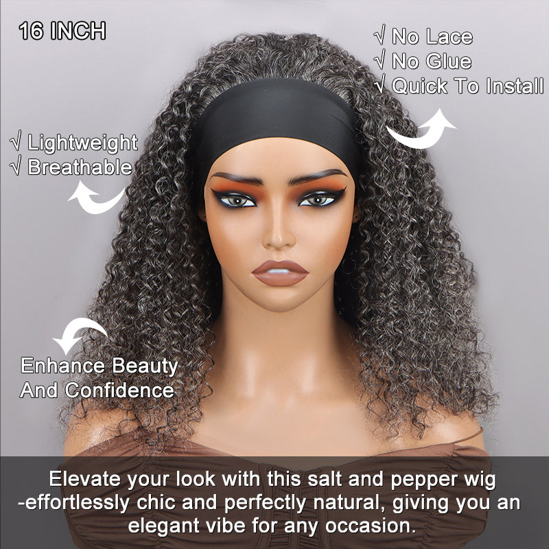 Soul lady gray wigs | Medium Salt & Pepper Kinky Curly Human Hair Headband Wig For Black Women- glueless wig front view